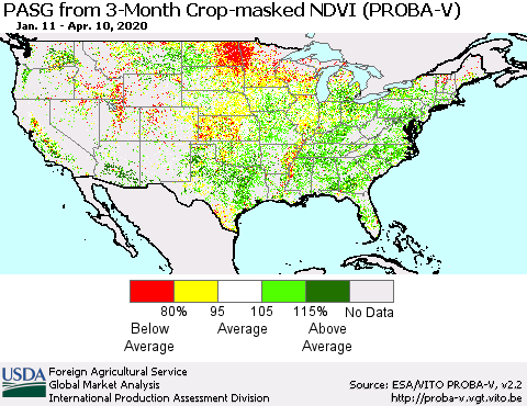 United States PASG from 3-Month Crop-masked NDVI (PROBA-V) Thematic Map For 4/1/2020 - 4/10/2020