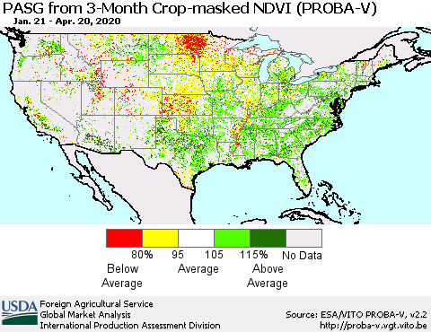 United States PASG from 3-Month Crop-masked NDVI (PROBA-V) Thematic Map For 4/11/2020 - 4/20/2020