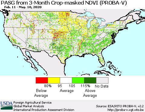 United States PASG from 3-Month Crop-masked NDVI (PROBA-V) Thematic Map For 5/1/2020 - 5/10/2020
