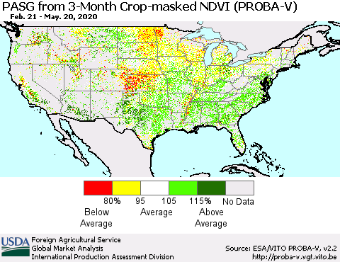United States PASG from 3-Month Crop-masked NDVI (PROBA-V) Thematic Map For 5/11/2020 - 5/20/2020