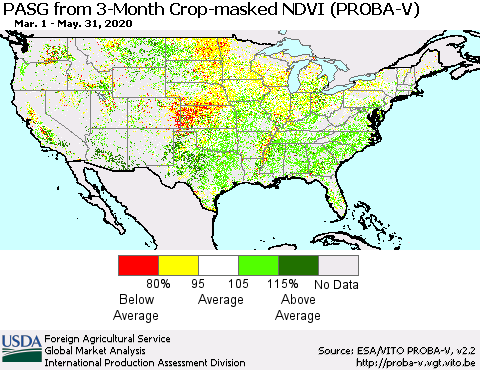 United States PASG from 3-Month Crop-masked NDVI (PROBA-V) Thematic Map For 5/21/2020 - 5/31/2020
