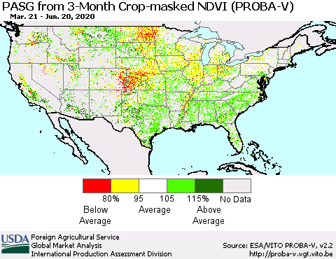United States PASG from 3-Month Crop-masked NDVI (PROBA-V) Thematic Map For 6/11/2020 - 6/20/2020