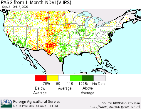 United States PASG from 1-Month NDVI (VIIRS) Thematic Map For 10/1/2020 - 10/10/2020