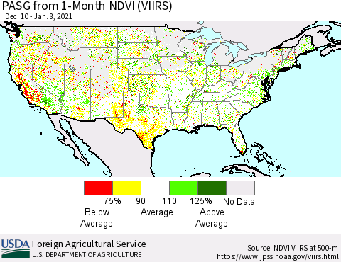 United States PASG from 1-Month NDVI (VIIRS) Thematic Map For 1/1/2021 - 1/10/2021