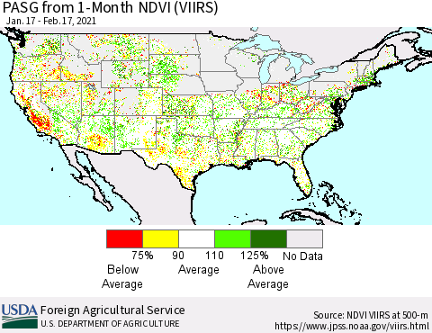 United States PASG from 1-Month NDVI (VIIRS) Thematic Map For 2/11/2021 - 2/20/2021