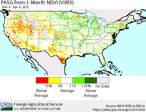 United States PASG from 1-Month NDVI (VIIRS) Thematic Map For 4/1/2021 - 4/10/2021