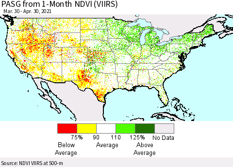 United States PASG from 1-Month NDVI (VIIRS) Thematic Map For 4/21/2021 - 4/30/2021