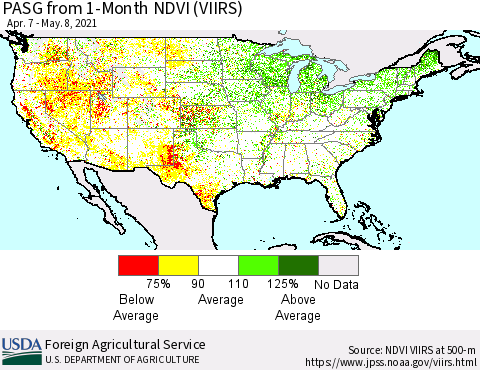 United States PASG from 1-Month NDVI (VIIRS) Thematic Map For 5/1/2021 - 5/10/2021