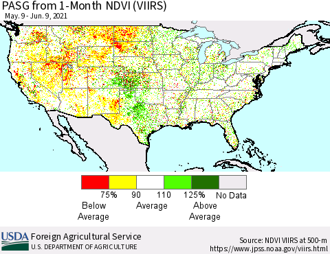 United States PASG from 1-Month NDVI (VIIRS) Thematic Map For 6/1/2021 - 6/10/2021