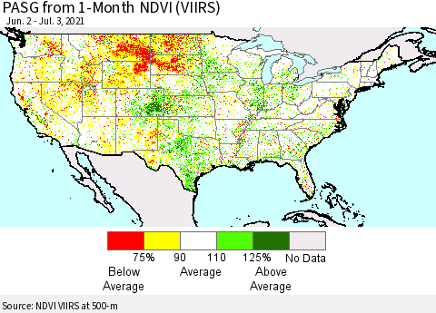 United States PASG from 1-Month NDVI (VIIRS) Thematic Map For 6/26/2021 - 7/3/2021