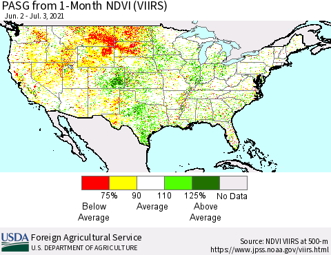 United States PASG from 1-Month NDVI (VIIRS) Thematic Map For 7/1/2021 - 7/10/2021