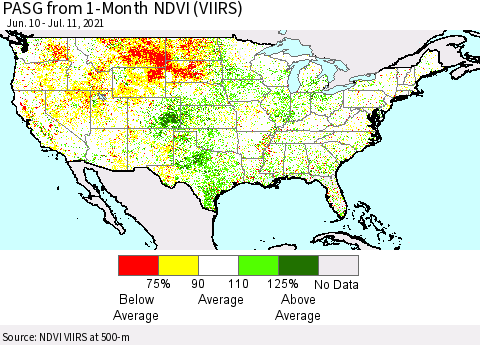 United States PASG from 1-Month NDVI (VIIRS) Thematic Map For 7/4/2021 - 7/11/2021