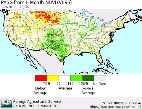 United States PASG from 1-Month NDVI (VIIRS) Thematic Map For 7/21/2021 - 7/31/2021