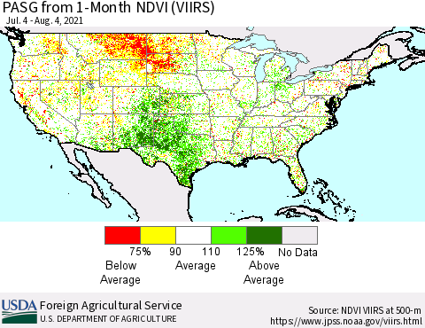 United States PASG from 1-Month NDVI (VIIRS) Thematic Map For 8/1/2021 - 8/10/2021