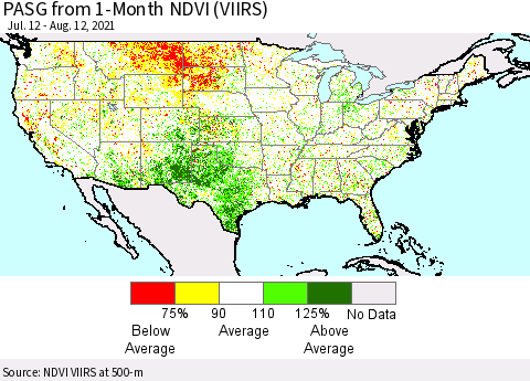 United States PASG from 1-Month NDVI (VIIRS) Thematic Map For 8/5/2021 - 8/12/2021