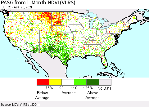 United States PASG from 1-Month NDVI (VIIRS) Thematic Map For 8/11/2021 - 8/20/2021
