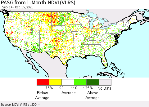 United States PASG from 1-Month NDVI (VIIRS) Thematic Map For 10/8/2021 - 10/15/2021