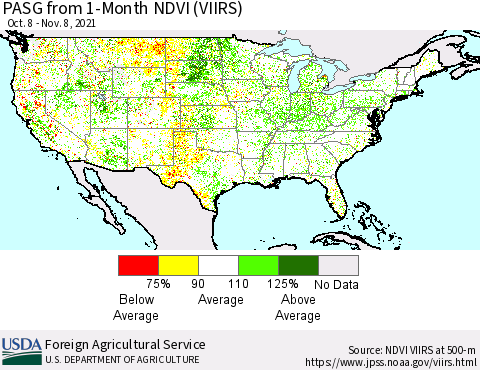 United States PASG from 1-Month NDVI (VIIRS) Thematic Map For 11/1/2021 - 11/10/2021