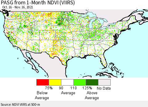 United States PASG from 1-Month NDVI (VIIRS) Thematic Map For 11/9/2021 - 11/16/2021