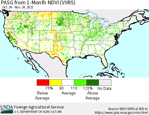 United States PASG from 1-Month NDVI (VIIRS) Thematic Map For 11/21/2021 - 11/30/2021