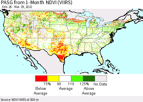 United States PASG from 1-Month NDVI (VIIRS) Thematic Map For 3/22/2022 - 3/29/2022