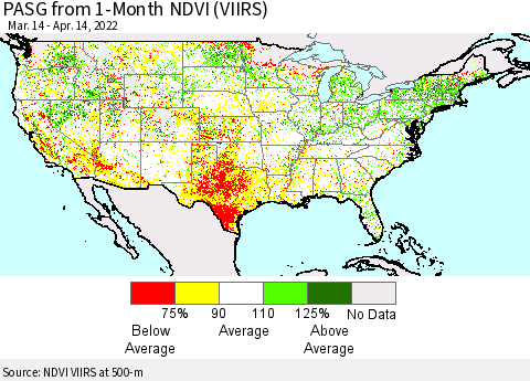 United States PASG from 1-Month NDVI (VIIRS) Thematic Map For 4/7/2022 - 4/14/2022