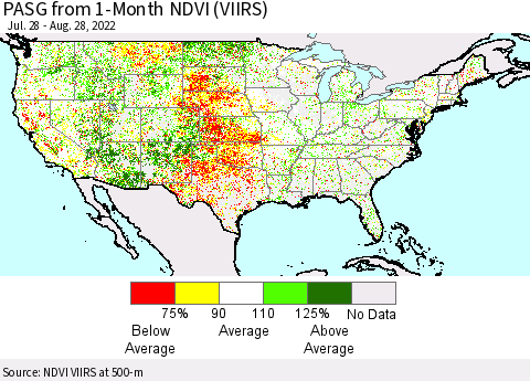 United States PASG from 1-Month NDVI (VIIRS) Thematic Map For 8/21/2022 - 8/28/2022