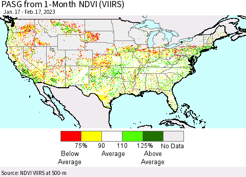 United States PASG from 1-Month NDVI (VIIRS) Thematic Map For 2/10/2023 - 2/17/2023