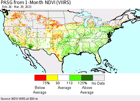 United States PASG from 1-Month NDVI (VIIRS) Thematic Map For 3/22/2023 - 3/29/2023