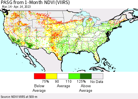 United States PASG from 1-Month NDVI (VIIRS) Thematic Map For 4/7/2023 - 4/14/2023
