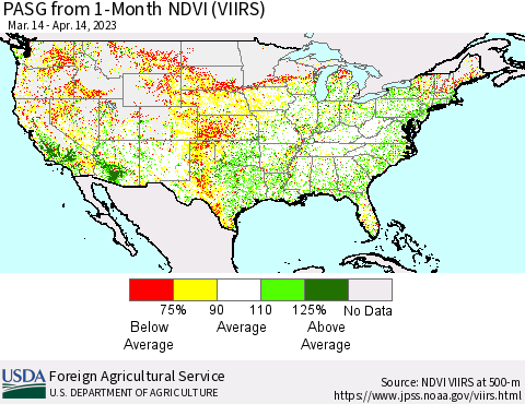 United States PASG from 1-Month NDVI (VIIRS) Thematic Map For 4/11/2023 - 4/20/2023