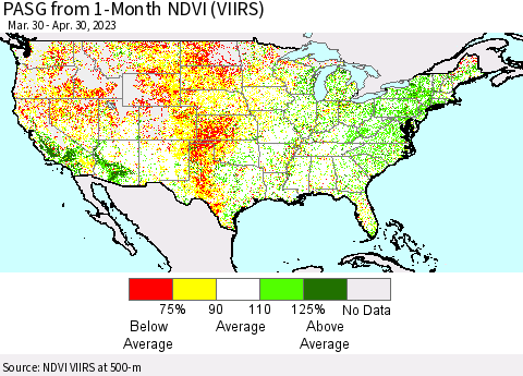 United States PASG from 1-Month NDVI (VIIRS) Thematic Map For 4/21/2023 - 4/30/2023