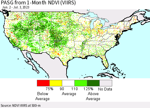 United States PASG from 1-Month NDVI (VIIRS) Thematic Map For 6/26/2023 - 7/3/2023