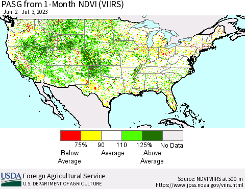 United States PASG from 1-Month NDVI (VIIRS) Thematic Map For 7/1/2023 - 7/10/2023