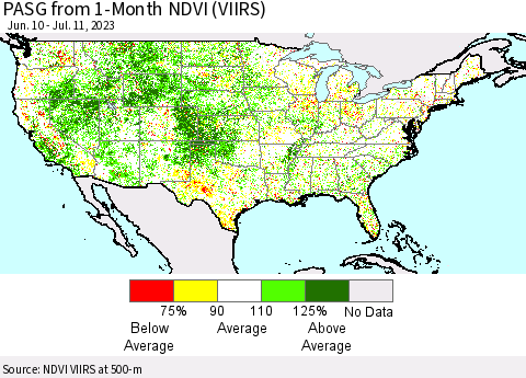 United States PASG from 1-Month NDVI (VIIRS) Thematic Map For 7/4/2023 - 7/11/2023