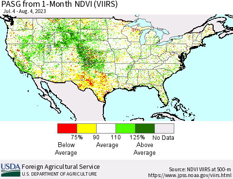 United States PASG from 1-Month NDVI (VIIRS) Thematic Map For 8/1/2023 - 8/10/2023
