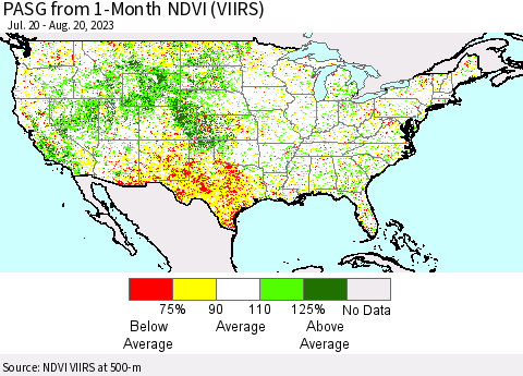 United States PASG from 1-Month NDVI (VIIRS) Thematic Map For 8/11/2023 - 8/20/2023