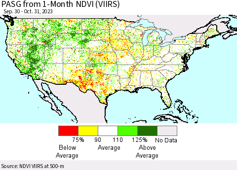United States PASG from 1-Month NDVI (VIIRS) Thematic Map For 10/24/2023 - 10/31/2023
