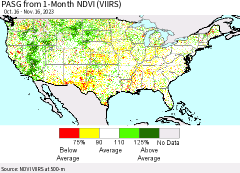United States PASG from 1-Month NDVI (VIIRS) Thematic Map For 11/9/2023 - 11/16/2023