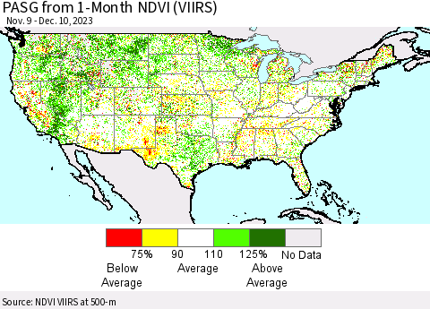 United States PASG from 1-Month NDVI (VIIRS) Thematic Map For 12/3/2023 - 12/10/2023