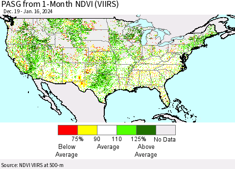 United States PASG from 1-Month NDVI (VIIRS) Thematic Map For 1/9/2024 - 1/16/2024