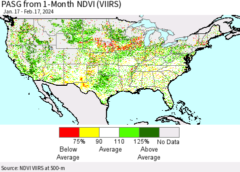 United States PASG from 1-Month NDVI (VIIRS) Thematic Map For 2/10/2024 - 2/17/2024