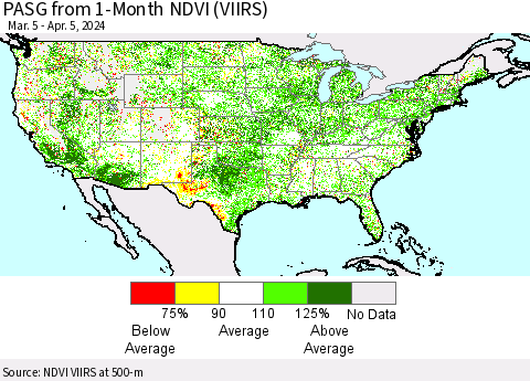 United States PASG from 1-Month NDVI (VIIRS) Thematic Map For 3/29/2024 - 4/5/2024