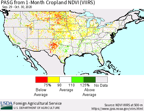United States PASG from 1-Month Cropland NDVI (VIIRS) Thematic Map For 10/21/2020 - 10/31/2020