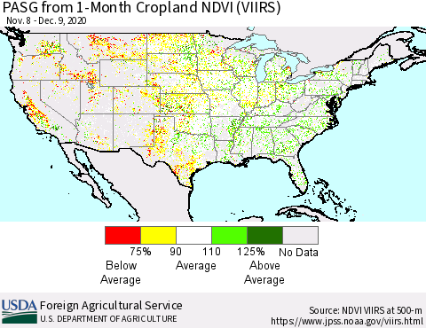 United States PASG from 1-Month Cropland NDVI (VIIRS) Thematic Map For 12/1/2020 - 12/10/2020