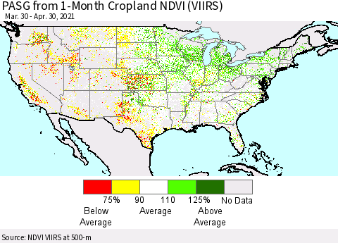 United States PASG from 1-Month Cropland NDVI (VIIRS) Thematic Map For 4/21/2021 - 4/30/2021