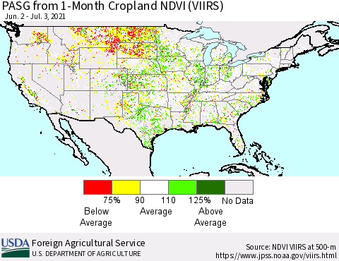United States PASG from 1-Month Cropland NDVI (VIIRS) Thematic Map For 7/1/2021 - 7/10/2021