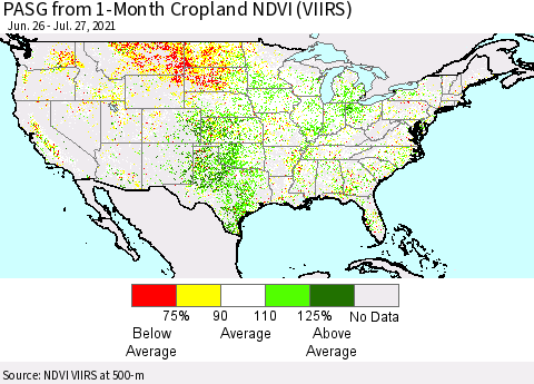 United States PASG from 1-Month Cropland NDVI (VIIRS) Thematic Map For 7/20/2021 - 7/27/2021