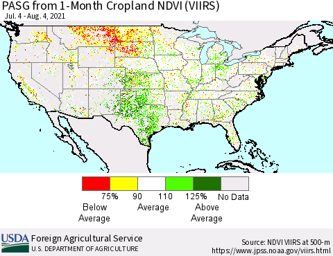 United States PASG from 1-Month Cropland NDVI (VIIRS) Thematic Map For 8/1/2021 - 8/10/2021