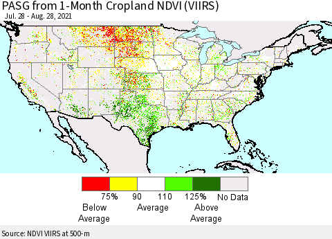 United States PASG from 1-Month Cropland NDVI (VIIRS) Thematic Map For 8/21/2021 - 8/28/2021